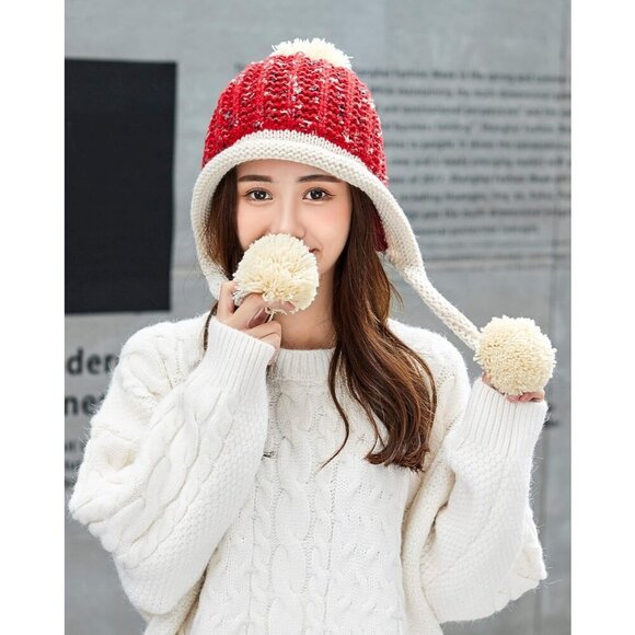 Women Red Beige Winter Peruvian Cover Ears Beanie Hat Ear Flaps Sherpa Ski Snow - Picture 7 of 9